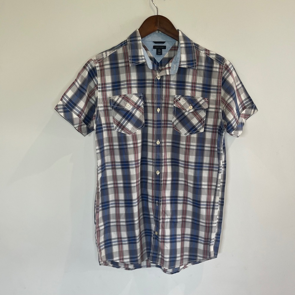 Tommy Hilfiger Boys Blue Plaid Short Sleeve Button Down Shirt Size XL 20
